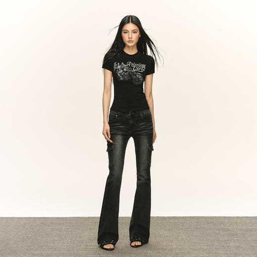 Ariseism 美式复古黑色微喇修身水洗牛仔裤女春季新款长裤子 商品图3