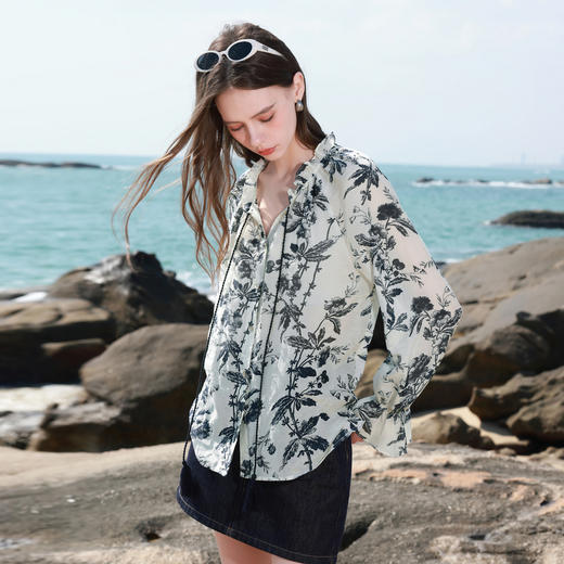 【桑蚕丝】三彩2026春季新款荷叶边圆领印花衬衫小衫衬衣宽松M 商品图1