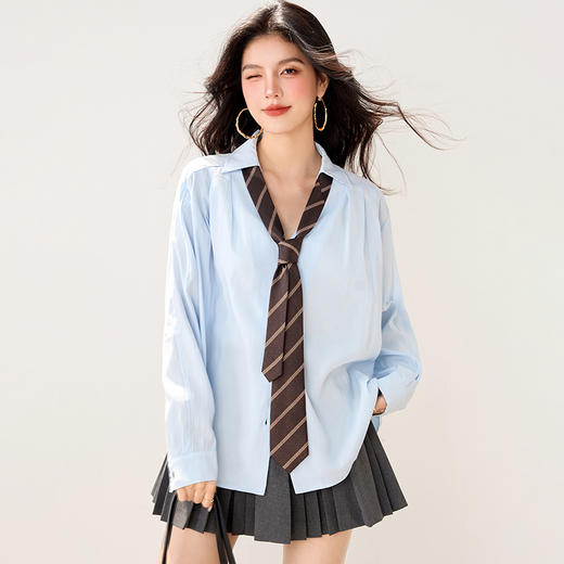 西遇POLO领配领带长袖衬衫女2026年春季新款宽松学院风蓝色衬衣SS060157 商品图1