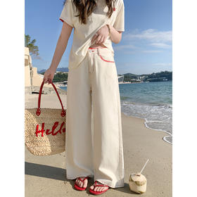 <曾小咸推荐>韩系撞色高腰直筒阔腿牛仔裤