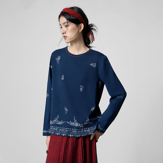 【林栖设计小店】手工打籽|纯棉藏青色优雅印花2026春新款复古长袖T恤1961159 商品图0