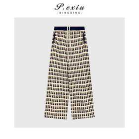 04-2潘依绣丁丁宠粉复古撞色格纹松紧腰抽身休闲裤Q34648