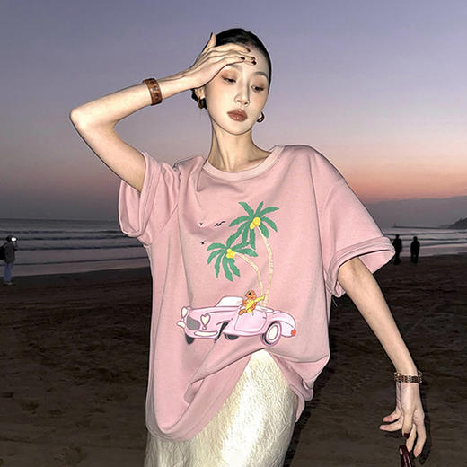 西遇圆领印花短袖T恤女2026年春季新款度假风宽松套头半袖上衣SS060163 商品图2