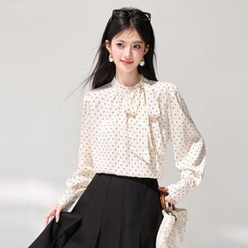西遇法式波点立领衬衫女2026春季新款蝴蝶结飘带气质通勤长袖衬衣SS060148