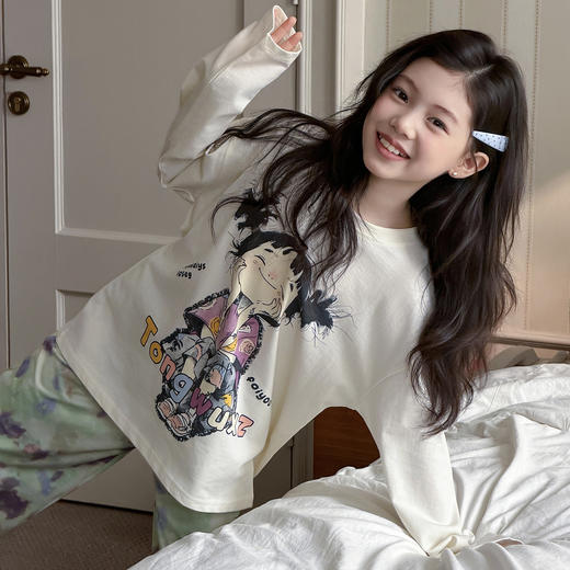 【自在舒适❗️居家慵懒感】女童春款家居服中大童卡通长袖T恤休闲宽松睡衣女孩甜美公主套装。jd 商品图1