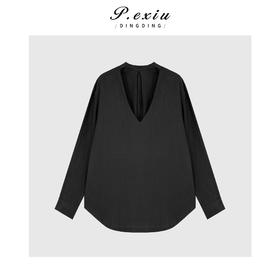 04-1潘依绣丁丁宠粉极简风深V领褶皱长袖套头衬衣Q71433