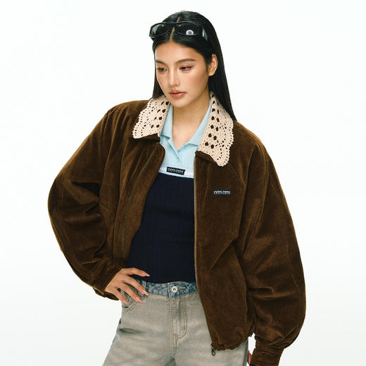 Ariseism 美式复古设计感花边领麂皮棉服外套女冬季新款保暖棉衣 商品图0