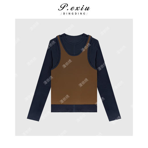 04-6潘依绣丁丁宠粉假两件撞色减龄圆领长袖T恤Q16448 商品图0