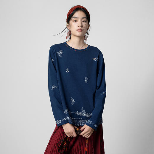 【林栖设计小店】手工打籽|纯棉藏青色优雅印花2026春新款复古长袖T恤1961159 商品图1