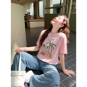 <曾小咸推荐>韩系粉色印花短袖t恤女上衣