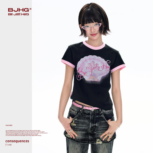 BJHG不计后果 正肩纯棉短袖T恤女款夏季2026新款合身舒适撞色半袖 商品图0