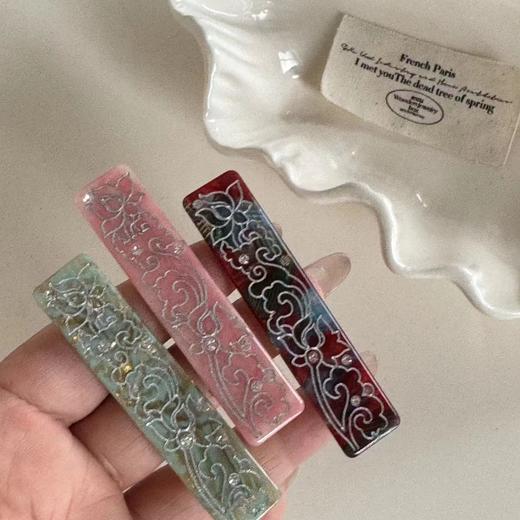 【云梦敦煌发夹】敦煌小众新中式荷花花纹水钻醋酸长方发夹一字夹复古国风发饰鸭嘴夹新款 商品图10