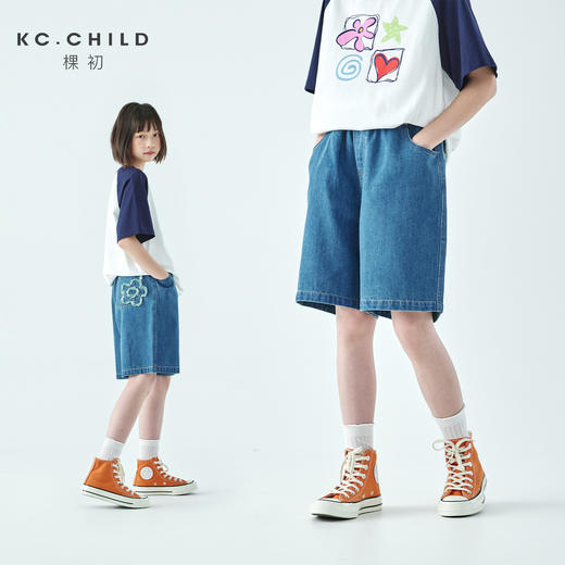 棵初2026年夏季新款亲子中大女童休闲牛仔短裤经典丹宁宽松中裤 商品图0