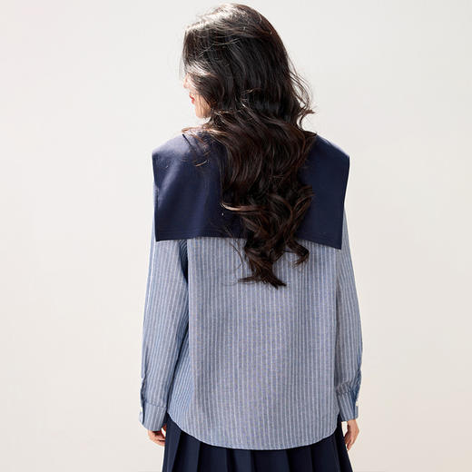 西遇韩系蓝色条纹衬衫女2026春季新款学院风宽松衬衣配披肩两件套SS060158 商品图4