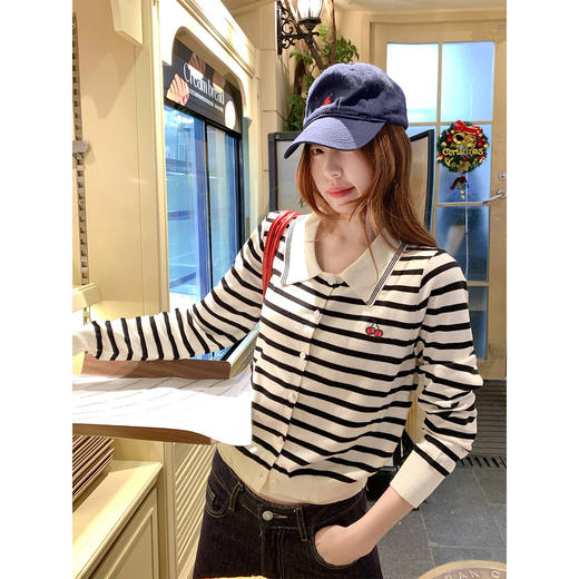 <曾小咸推荐>2.25现货秒杀 ！微信超特价！韩系翻领条纹针织衫 日常219.99 立减130 秒杀89.99！！ 商品图1