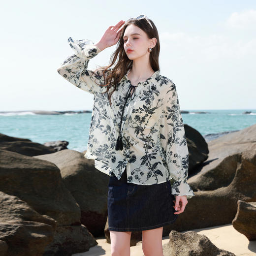 【桑蚕丝】三彩2026春季新款荷叶边圆领印花衬衫小衫衬衣宽松M 商品图3