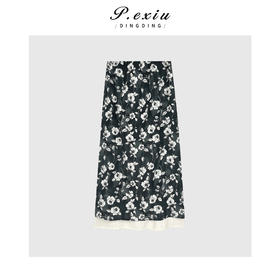 04-1潘依绣丁丁宠粉法式田园风拼接撞色印花显瘦半身裙Q4852