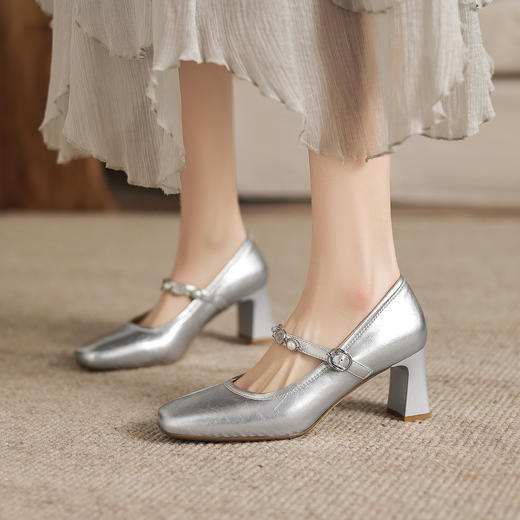 阿么手工女鞋一字带法式珍珠2026新款玛丽珍鞋粗跟超软单鞋6.5CM 商品图3
