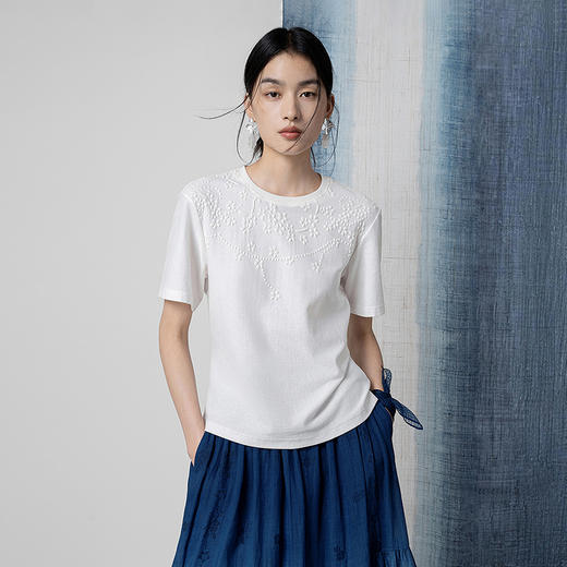 【林栖设计小店】落花轻雨|米白色纯棉传统印花复古百搭2026春新款T恤1961114 商品图1