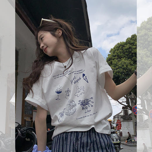 【限时秒杀】西遇卡通童趣字母印花短袖T恤女2026年春季新款宽松白色套头上衣SS060162 商品图4
