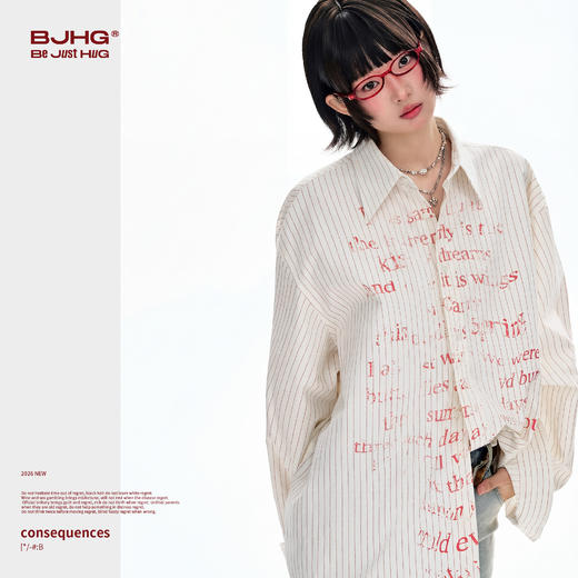 BJHG不计后果条纹衬衫女长袖春季新款做旧印花基础款休闲内搭外套 商品图1