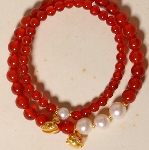 红玛瑙珍珠手串 单颗珍珠 5-6mm 玛瑙珠子 4mm  三颗珍珠 6-7mm 玛瑙珠子 6mm 配件 925 银镀金   新年氛围感 商品图6