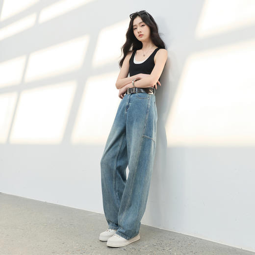 三彩2026春季新款复古休闲裤高腰牛仔裤长裤宽松弯刀裤显瘦垂感M 商品图3