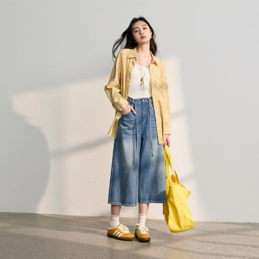 【100棉】三彩2026春季新款复古水洗收腰休闲裤七分裤牛仔裤宽松M 商品图2