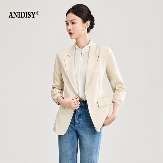 2026春装时尚翻领珍珠扣抽褶七分袖收腰西装外套 商品图0