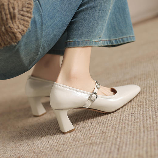 阿么手工女鞋一字带法式珍珠2026新款玛丽珍鞋粗跟超软单鞋6.5CM 商品图2