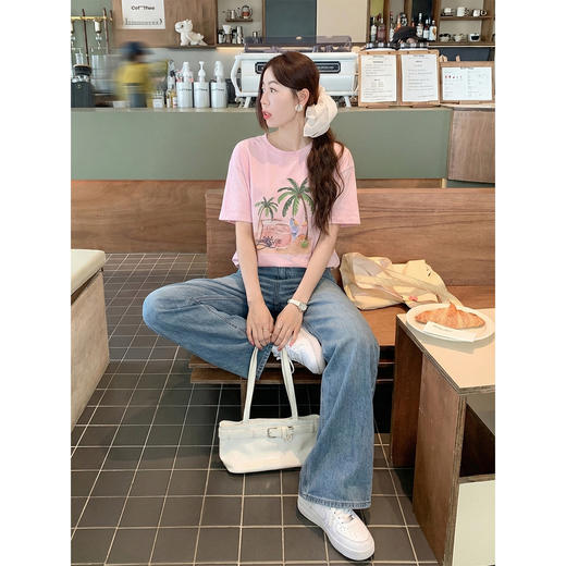 <曾小咸推荐>韩系粉色印花短袖t恤女上衣 商品图3