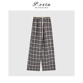 04-3潘依绣丁丁宠粉韩系格纹撞色松紧腰抽绳休闲裤Q4851