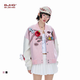 BJHG不计后果贴贴棒球服女款春季新款潮牌美式拼料蛋白皮夹克外套