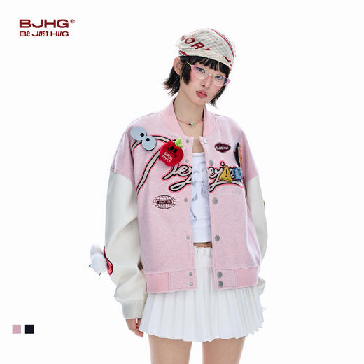 BJHG不计后果贴贴棒球服女款春季新款潮牌美式拼料蛋白皮夹克外套 商品图0