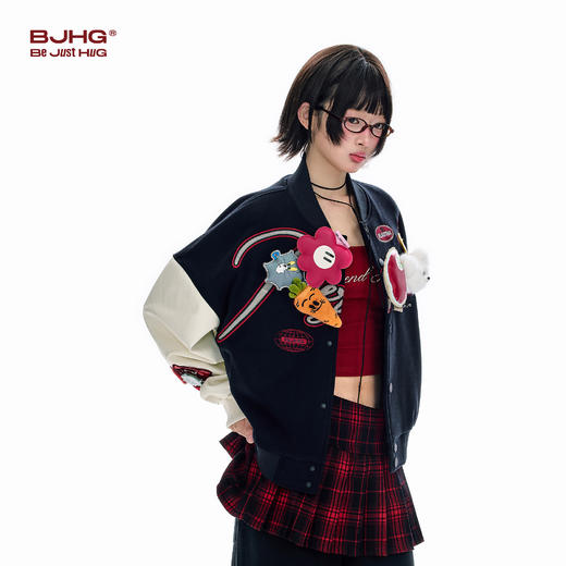 BJHG不计后果贴贴棒球服女款春季新款潮牌美式拼料蛋白皮夹克外套 商品图2