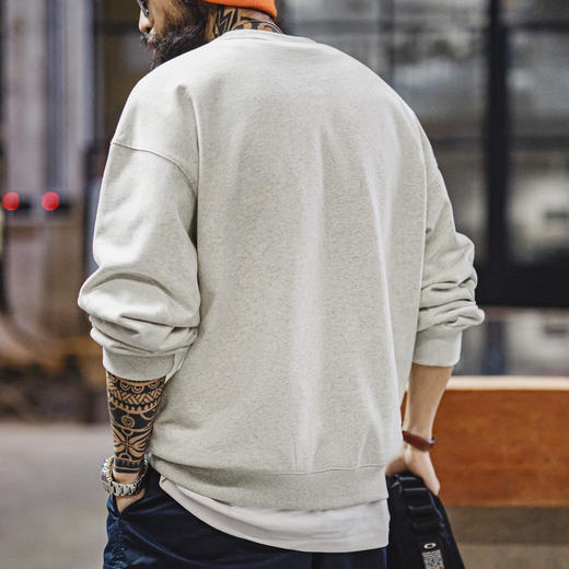 马登工装美式印花灰色圆领卫衣横须贺宽松落肩套头长袖T恤男款春 商品图3