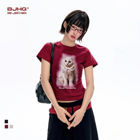 BJHG不计后果 圆领短袖T恤女款夏季珍珠小猫印花美式潮流修身上衣