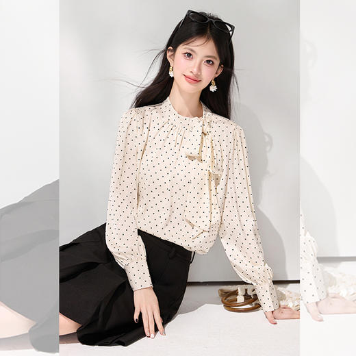 西遇法式波点立领衬衫女2026春季新款蝴蝶结飘带气质通勤长袖衬衣SS060148 商品图4