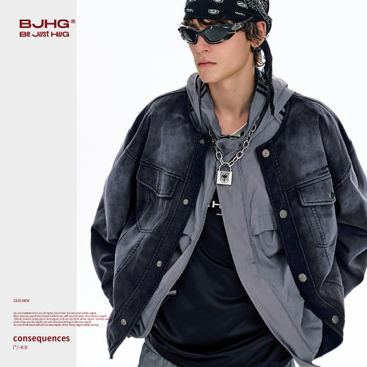 BJHG不计后果美式夹克外套男款春痞帅高级感潮牌无领仿牛仔上衣女 商品图3