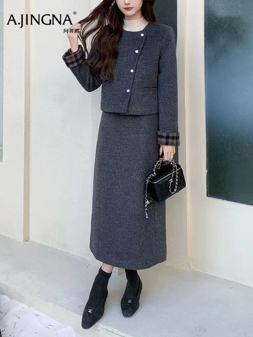 【小香风套装】阿菁娜春季新款小香风羽绒内胆套装毛呢外观温暖不臃肿90白鸭绒填充外套F31C230011 商品图1