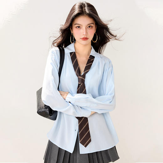 西遇POLO领配领带长袖衬衫女2026年春季新款宽松学院风蓝色衬衣SS060157 商品图2