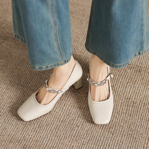 阿么手工女鞋一字带法式珍珠2026新款玛丽珍鞋粗跟超软单鞋6.5CM 商品图1