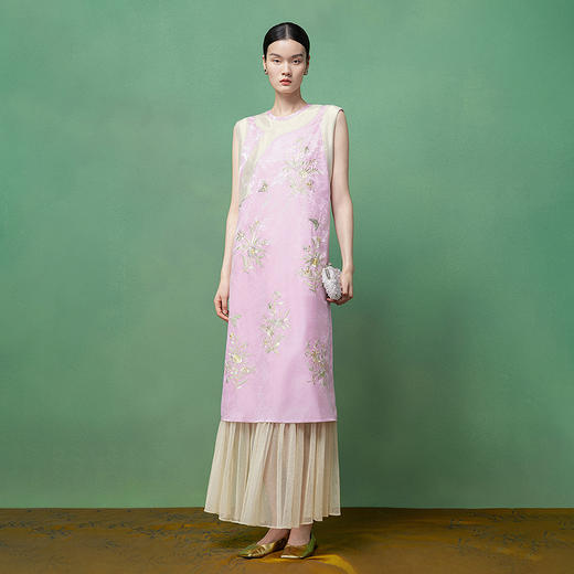 【林栖设计小店】花间芳菲|真丝罗绣花拼金葱纱2026春新款连衣裙1961234 商品图4