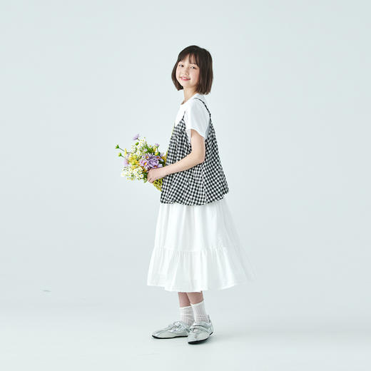 棵初26年夏新款亲子中大女童黑白格纹吊带短袖T恤连衣裙两件套装 商品图4