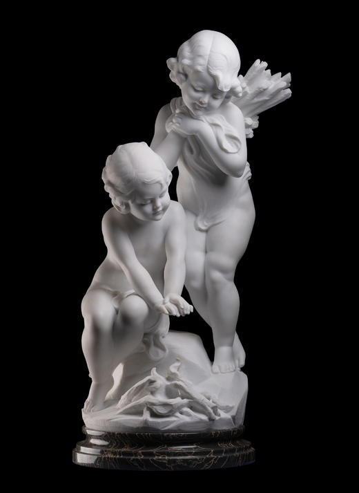 独角鹿西洋古董19世纪末意大利雕塑家Cesare Viviani 签名创作卡拉拉大理石杰作《火炉边的温情》 商品图1