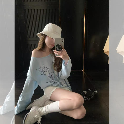 西遇可爱小狗图案蓝色长袖T恤女2026年春季新款薄款斜肩防晒罩衫SS060160 商品图3