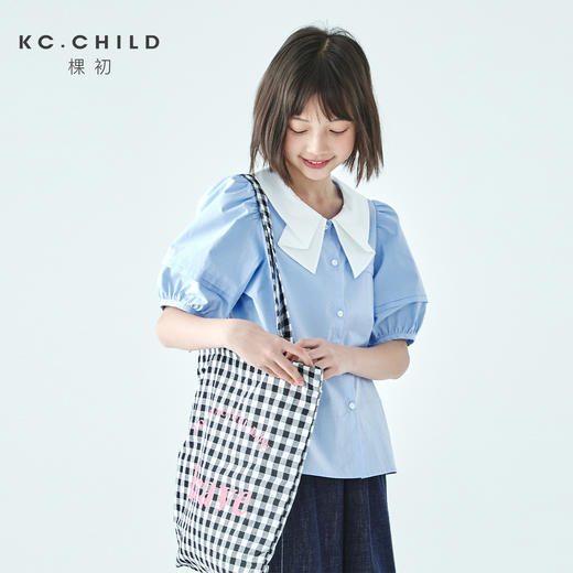 棵初26年夏季新款亲子中大女童蝴蝶结小衫泡泡袖蓝白撞色纯棉短袖 商品图0