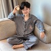 【丝滑凉感❗️柔光高级】儿童春夏季冰丝睡衣男童青少年初中生长袖仿真丝衬衫领家居服套装。jd 商品缩略图1