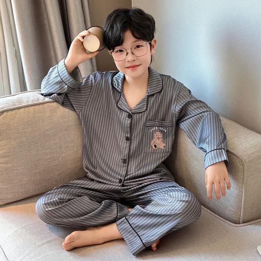 【丝滑凉感❗️柔光高级】儿童春夏季冰丝睡衣男童青少年初中生长袖仿真丝衬衫领家居服套装。jd 商品图1