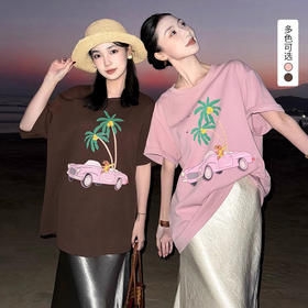 西遇圆领印花短袖T恤女2026年春季新款度假风宽松套头半袖上衣SS060163